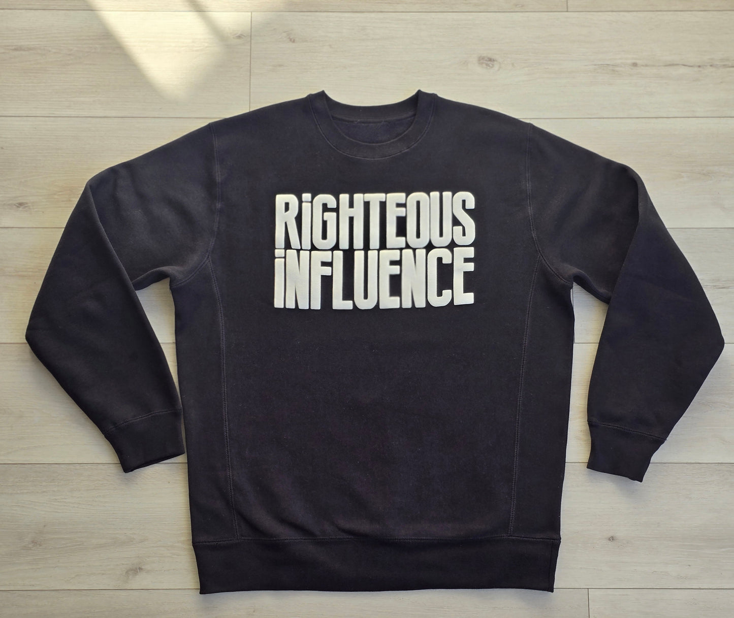 RIGHTIOUS INFLUENCE SWEATSHIRT BLACK BODY WHITE LETTERS
