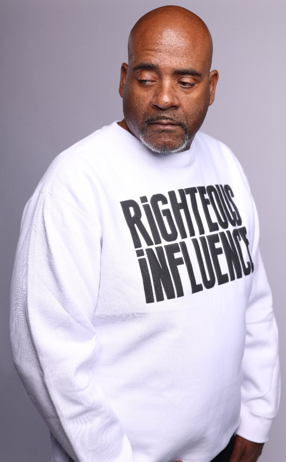 RIGHTIOUS INFLUENCE SWEATSHIRT WHITE BODY BLACK LETTERS