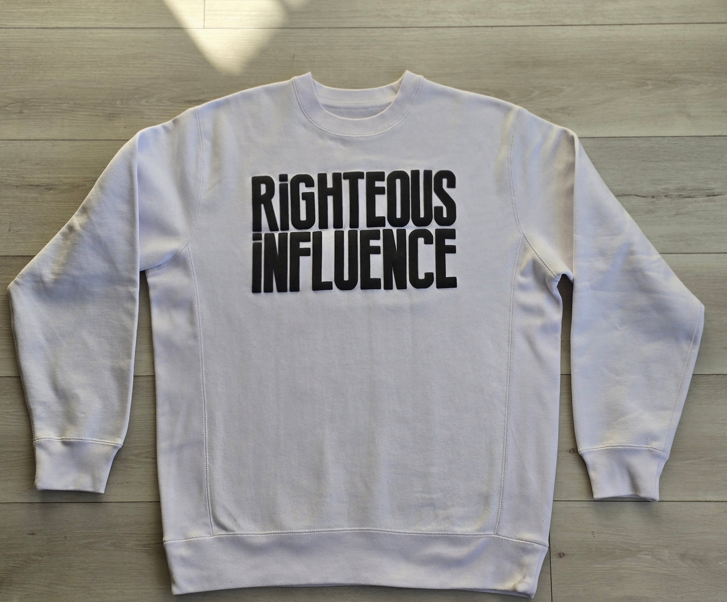 RIGHTIOUS INFLUENCE SWEATSHIRT WHITE BODY BLACK LETTERS