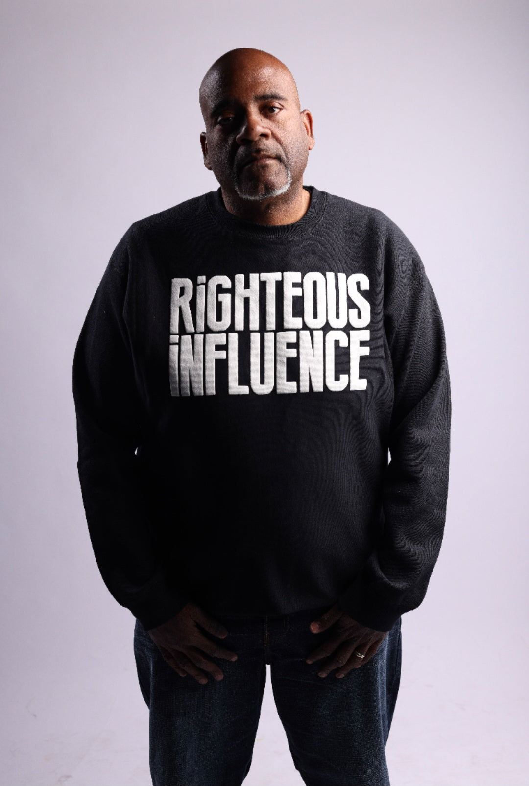 RIGHTIOUS INFLUENCE SWEATSHIRT BLACK BODY WHITE LETTERS