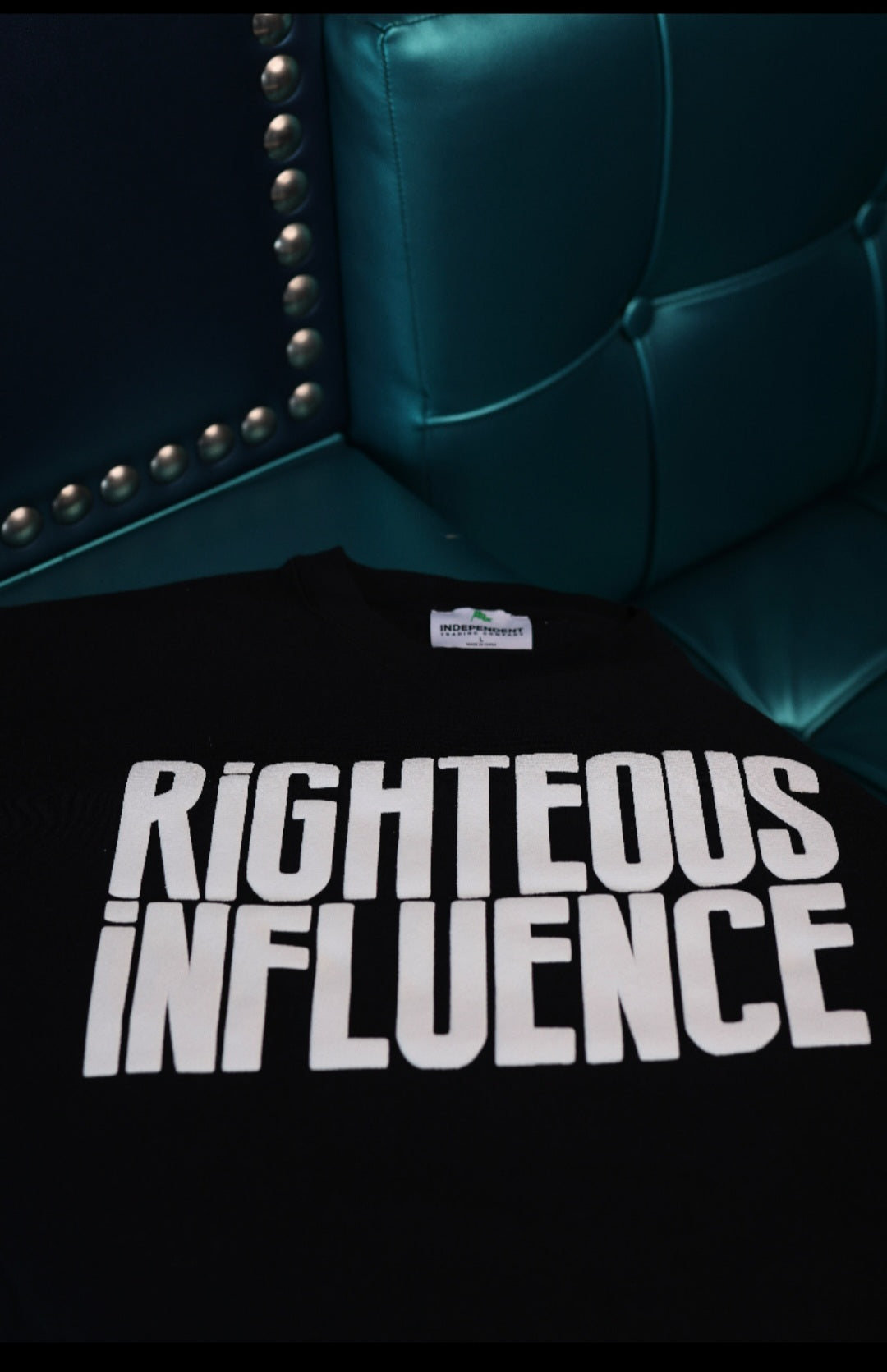 RIGHTIOUS INFLUENCE SWEATSHIRT BLACK BODY WHITE LETTERS
