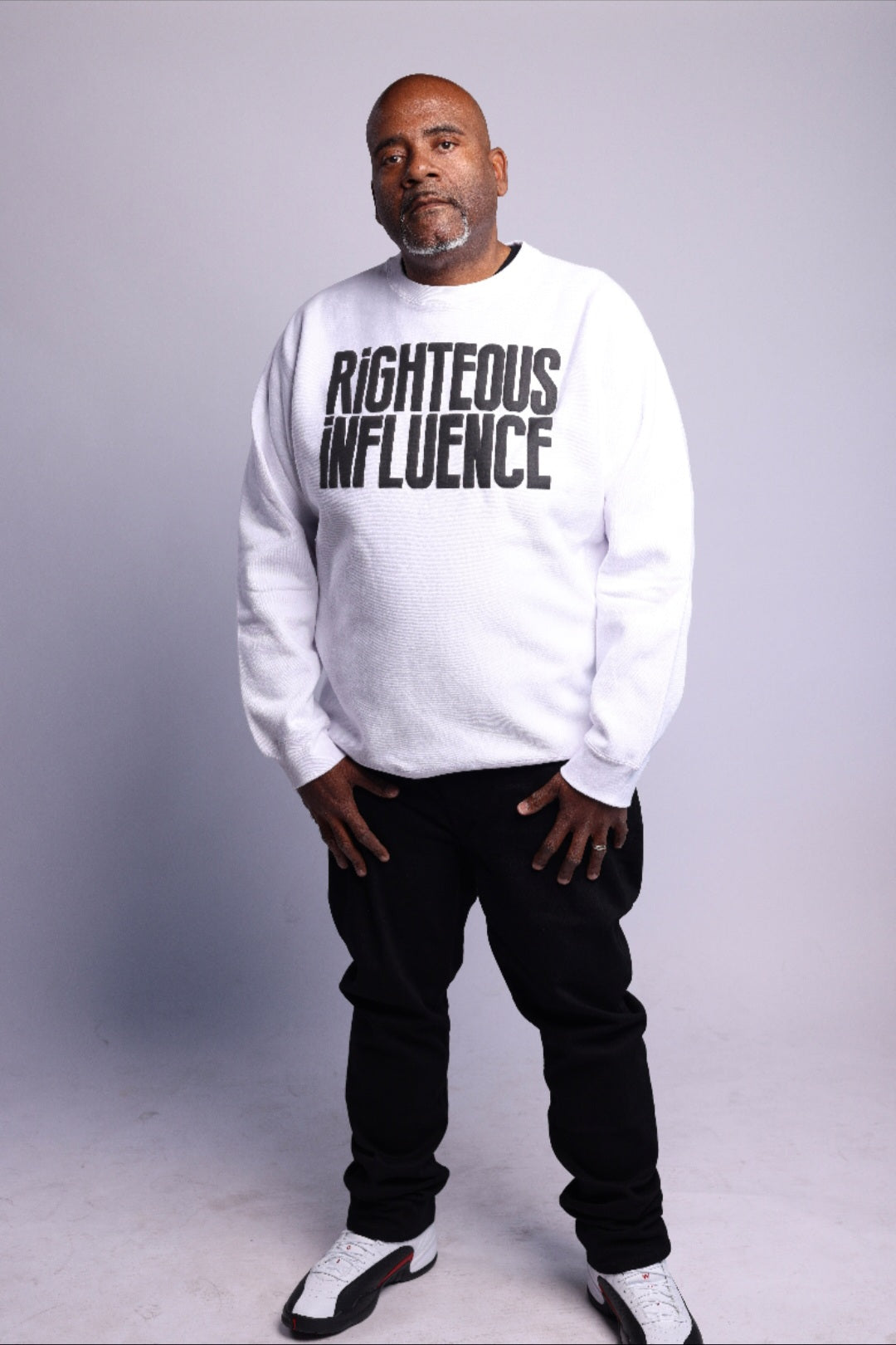 RIGHTIOUS INFLUENCE SWEATSHIRT WHITE BODY BLACK LETTERS